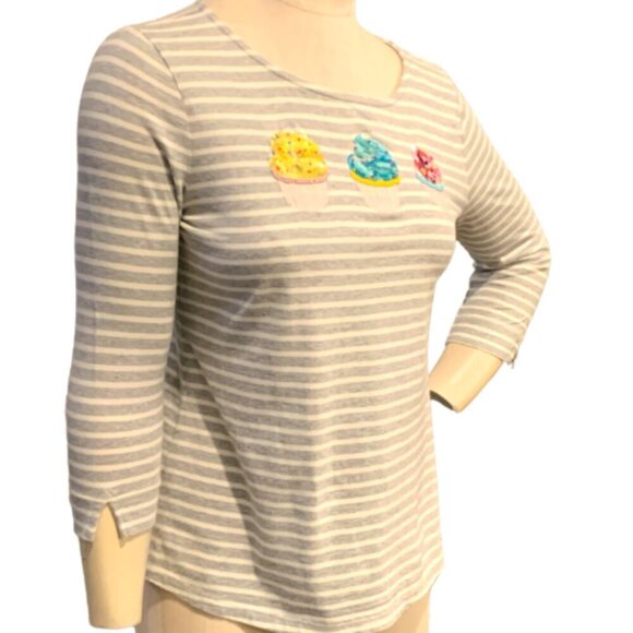 Talbots Sequin Cupcakes Striped Top Sz 2P Gray #96J - Picture 3 of 9